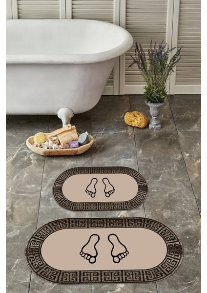 Dijital Yıkanabilir Çerçeveli Ayak Baskılı Oval Banyo Paspası Klozet Takımı, Klozet-52-Kahve,