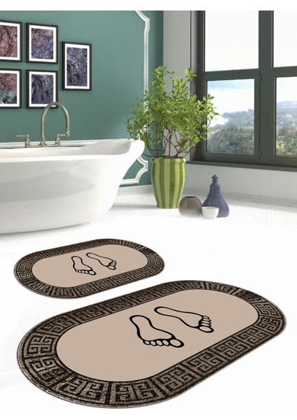 Dijital Yıkanabilir Çerçeveli Ayak Baskılı Oval Banyo Paspası Klozet Takımı, Klozet-52-Kahve, modelleri