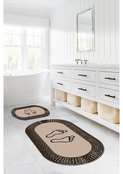 Dijital Yıkanabilir Çerçeveli Ayak Baskılı Oval Banyo Paspası Klozet Takımı, Klozet-52-Kahve, indirimleri