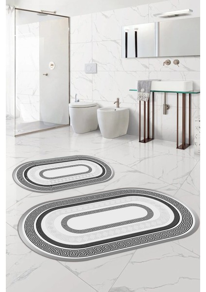 Dijital Yıkanabilir Kaymaz Klasik Model Oval Banyo Paspası Klozet Takımı, Klozet-53-Gri,