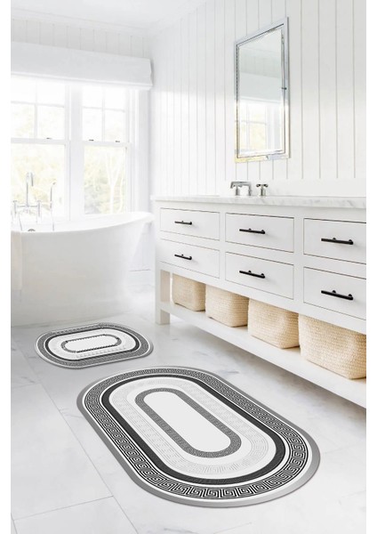 Dijital Yıkanabilir Kaymaz Klasik Model Oval Banyo Paspası Klozet Takımı, Klozet-53-Gri,