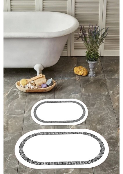 Dijital Yıkanabilir Kaymaz Sade Çerçeveli Oval Banyo Paspası Klozet Takımı, Klozet-56-Beyaz,