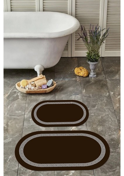 Dijital Yıkanabilir Kaymaz Sade Çerçeveli Oval Banyo Paspası Klozet Takımı, Klozet-56-Kahve,