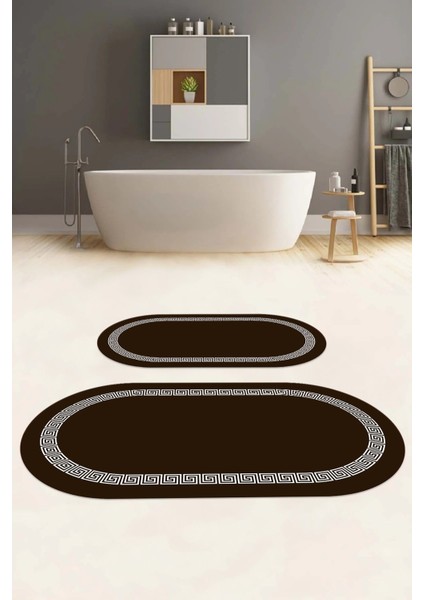 Dijital Yıkanabilir Kaymaz Sade Çerçeveli Oval Banyo Paspası Klozet Takımı, Klozet-56-Kahve, fiyatları