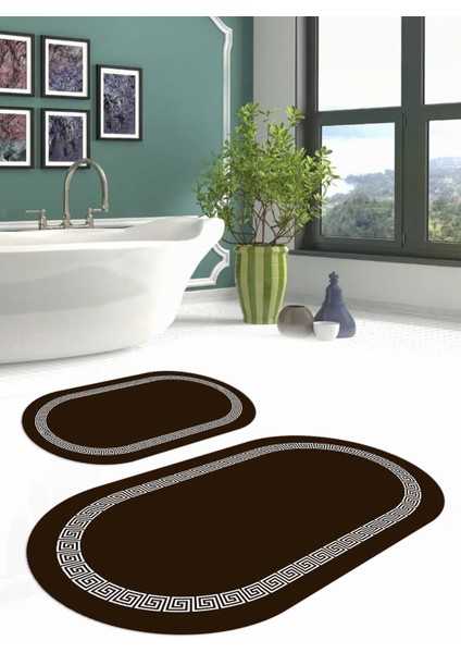 Dijital Yıkanabilir Kaymaz Sade Çerçeveli Oval Banyo Paspası Klozet Takımı, Klozet-56-Kahve, modelleri