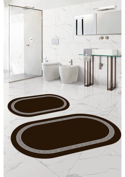 Dijital Yıkanabilir Kaymaz Sade Çerçeveli Oval Banyo Paspası Klozet Takımı, Klozet-56-Kahve, fırsatları