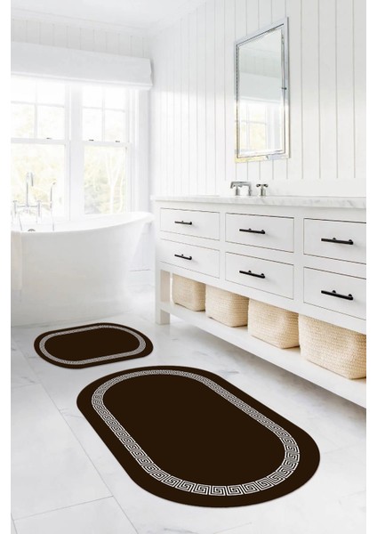Dijital Yıkanabilir Kaymaz Sade Çerçeveli Oval Banyo Paspası Klozet Takımı, Klozet-56-Kahve, indirimleri