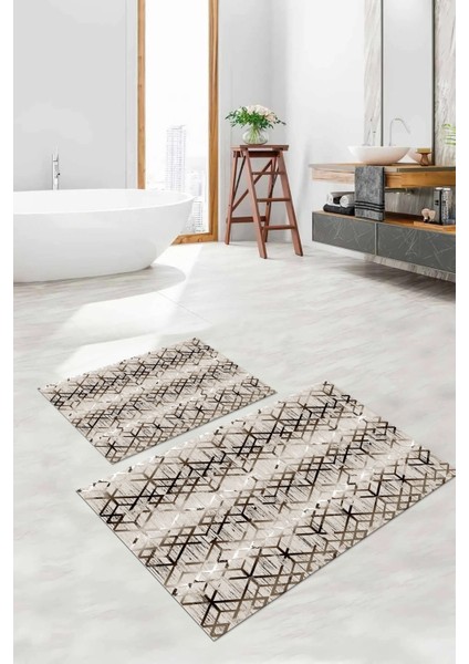 Dijital Baskılı Yıkanabilir Kaymaz Çizgi Desenli Banyo Paspası Klozet Takımı, Klozet-82-Kahve,