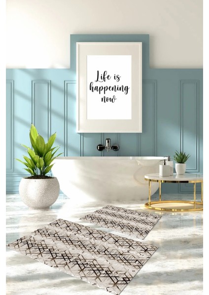 Dijital Baskılı Yıkanabilir Kaymaz Çizgi Desenli Banyo Paspası Klozet Takımı, Klozet-82-Kahve,