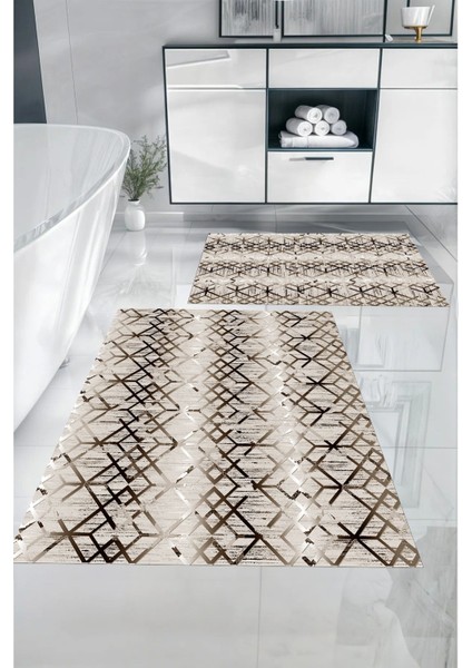 Dijital Baskılı Yıkanabilir Kaymaz Çizgi Desenli Banyo Paspası Klozet Takımı, Klozet-82-Kahve,