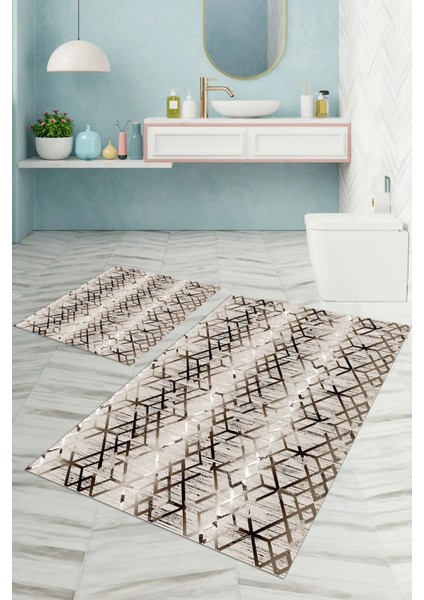 Dijital Baskılı Yıkanabilir Kaymaz Çizgi Desenli Banyo Paspası Klozet Takımı, Klozet-82-Kahve,