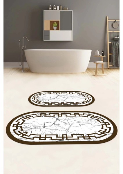 Dijital Yıkanabilir Çerçeveli Mermer Model Oval Banyo Paspası Klozet Takımı, Klozet-57-Kahve,