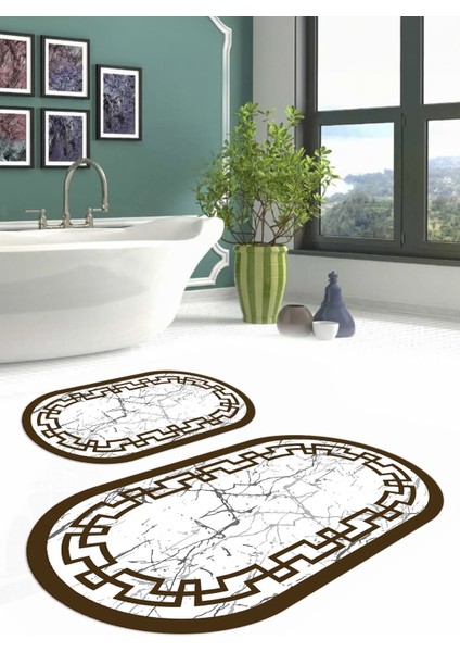 Dijital Yıkanabilir Çerçeveli Mermer Model Oval Banyo Paspası Klozet Takımı, Klozet-57-Kahve, fiyatları