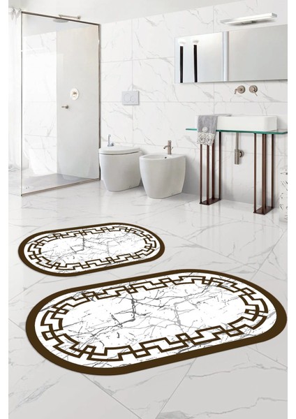 Dijital Yıkanabilir Çerçeveli Mermer Model Oval Banyo Paspası Klozet Takımı, Klozet-57-Kahve, modelleri