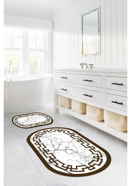 Dijital Yıkanabilir Çerçeveli Mermer Model Oval Banyo Paspası Klozet Takımı, Klozet-57-Kahve, fırsatları