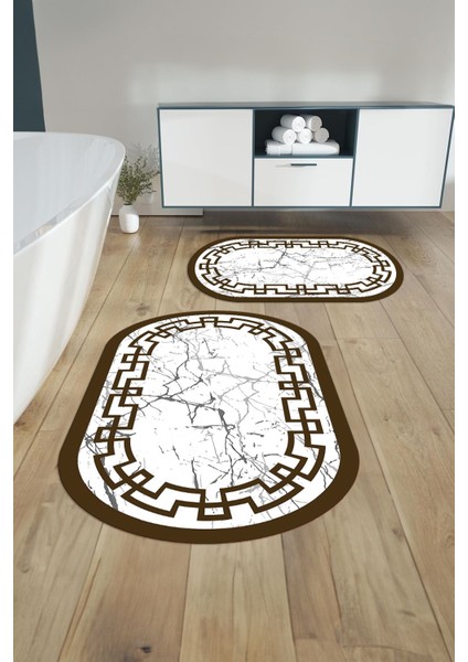 Dijital Yıkanabilir Çerçeveli Mermer Model Oval Banyo Paspası Klozet Takımı, Klozet-57-Kahve, indirimleri