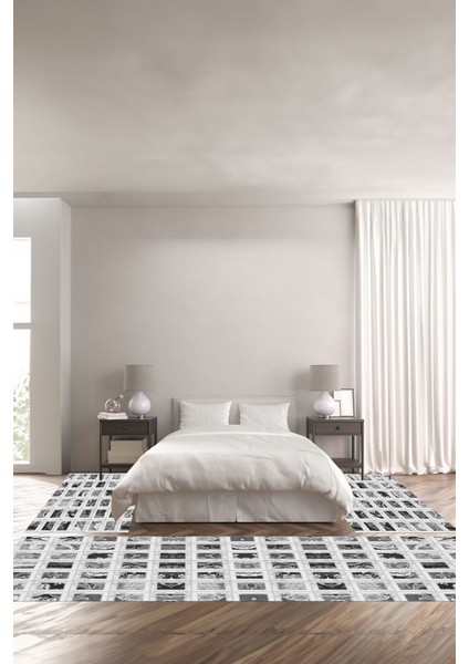 Baskılı Kaymaz Yıkanabilir Patchwork Iplik Desenli Üçlü Yatak Odası, Yo-Patchwork-25-Gri,