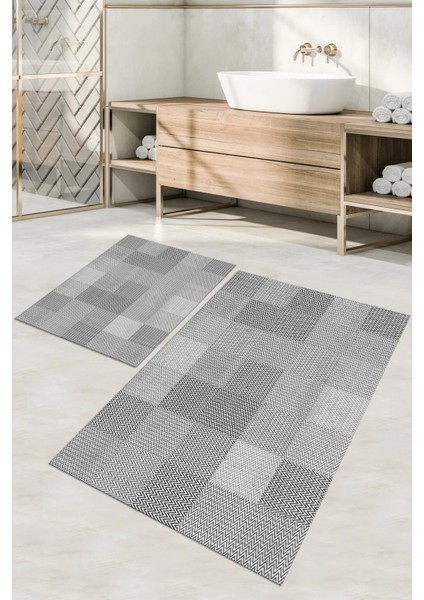 Dijital Baskılı Yıkanabilir Kaymaz Kilim Görünümlü Banyo Paspası Klozet Takımı, Klozet-88-Gri, modelleri