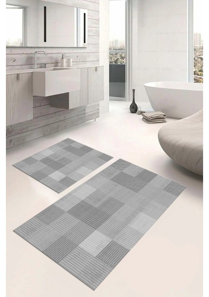 Dijital Baskılı Yıkanabilir Kaymaz Kilim Görünümlü Banyo Paspası Klozet Takımı, Klozet-88-Gri, indirimleri
