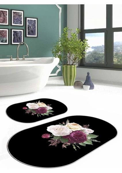 Dijital Yıkanabilir Kaymaz Çiçek Motifli Oval Banyo Paspası Klozet Takımı, Klozet-65-Siyah,