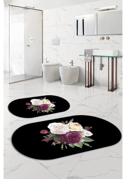 Dijital Yıkanabilir Kaymaz Çiçek Motifli Oval Banyo Paspası Klozet Takımı, Klozet-65-Siyah, fiyatları