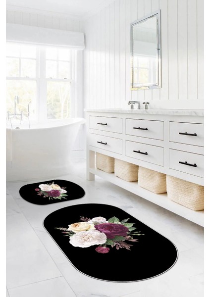 Dijital Yıkanabilir Kaymaz Çiçek Motifli Oval Banyo Paspası Klozet Takımı, Klozet-65-Siyah, modelleri