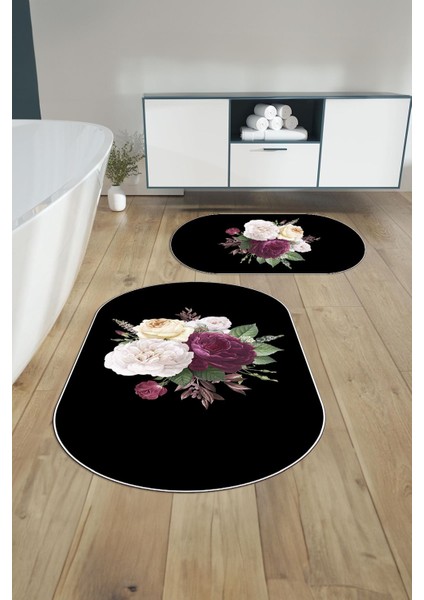 Dijital Yıkanabilir Kaymaz Çiçek Motifli Oval Banyo Paspası Klozet Takımı, Klozet-65-Siyah, fırsatları