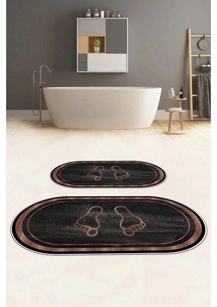 Dijital Baskılı Yıkanabilir Kaymaz Ayak Baskılı Oval Banyo Paspası Klozet Takımı, Klozet-51-Siyah, fiyatları