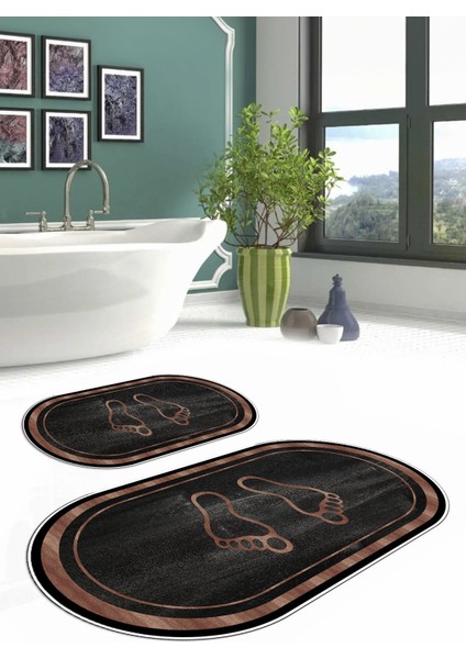 Dijital Baskılı Yıkanabilir Kaymaz Ayak Baskılı Oval Banyo Paspası Klozet Takımı, Klozet-51-Siyah, modelleri