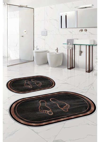 Dijital Baskılı Yıkanabilir Kaymaz Ayak Baskılı Oval Banyo Paspası Klozet Takımı, Klozet-51-Siyah, fırsatları