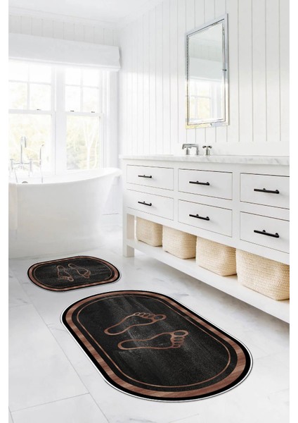 Dijital Baskılı Yıkanabilir Kaymaz Ayak Baskılı Oval Banyo Paspası Klozet Takımı, Klozet-51-Siyah, indirimleri