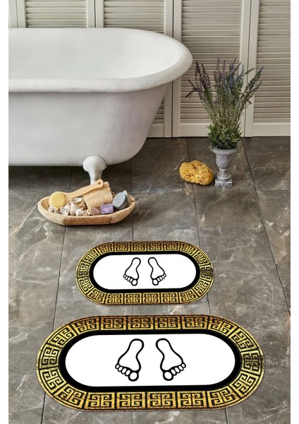 Dijital Yıkanabilir Çerçeveli Ayak Baskılı Oval Banyo Paspası Klozet Takımı, Klozet-52-Gold,