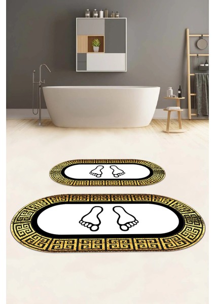 Dijital Yıkanabilir Çerçeveli Ayak Baskılı Oval Banyo Paspası Klozet Takımı, Klozet-52-Gold, fiyatları