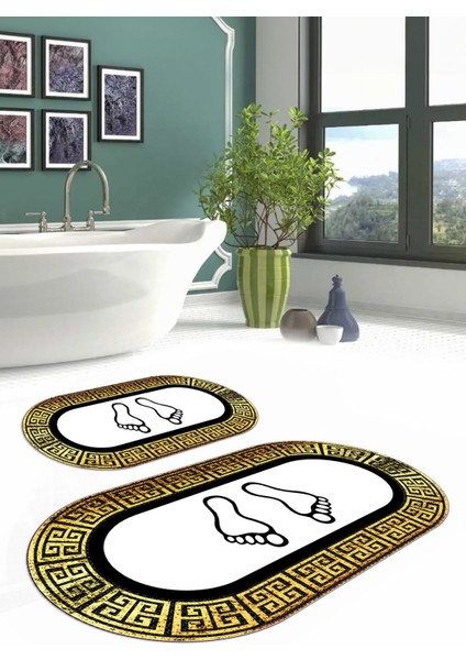 Dijital Yıkanabilir Çerçeveli Ayak Baskılı Oval Banyo Paspası Klozet Takımı, Klozet-52-Gold, modelleri
