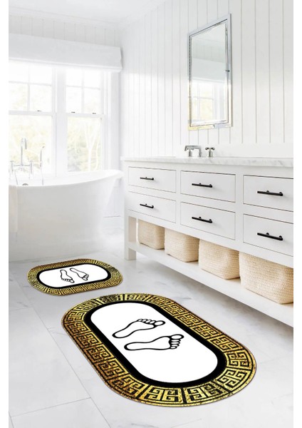 Dijital Yıkanabilir Çerçeveli Ayak Baskılı Oval Banyo Paspası Klozet Takımı, Klozet-52-Gold, indirimleri