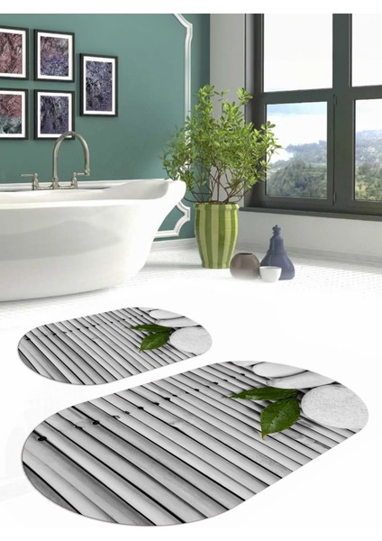Dijital Baskılı Yıkanabilir Kaymaz Taş Desenli Oval Banyo Paspası Klozet Takımı, Klozet-68-Gri,
