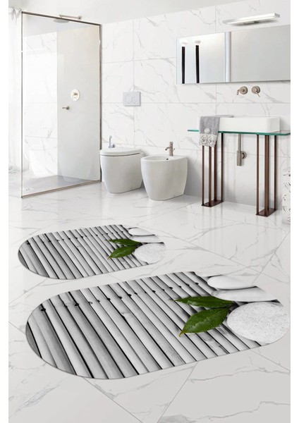 Dijital Baskılı Yıkanabilir Kaymaz Taş Desenli Oval Banyo Paspası Klozet Takımı, Klozet-68-Gri,