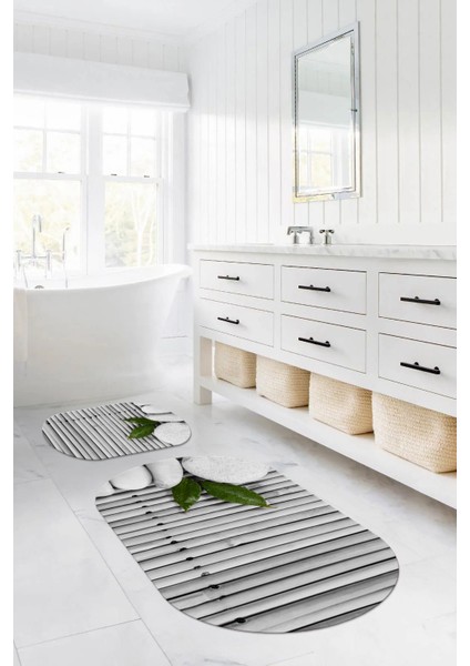 Dijital Baskılı Yıkanabilir Kaymaz Taş Desenli Oval Banyo Paspası Klozet Takımı, Klozet-68-Gri,