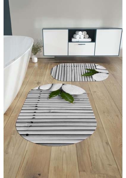 Dijital Baskılı Yıkanabilir Kaymaz Taş Desenli Oval Banyo Paspası Klozet Takımı, Klozet-68-Gri,