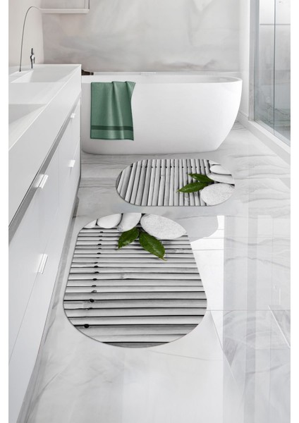 Dijital Baskılı Yıkanabilir Kaymaz Taş Desenli Oval Banyo Paspası Klozet Takımı, Klozet-68-Gri,