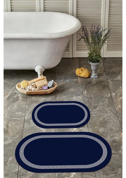 Dijital Yıkanabilir Kaymaz Sade Çerçeveli Oval Banyo Paspası Klozet Takımı, Klozet-56-Lacivert,