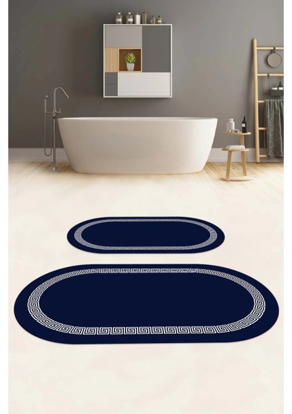 Dijital Yıkanabilir Kaymaz Sade Çerçeveli Oval Banyo Paspası Klozet Takımı, Klozet-56-Lacivert, fiyatları