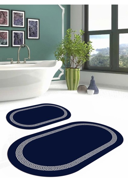 Dijital Yıkanabilir Kaymaz Sade Çerçeveli Oval Banyo Paspası Klozet Takımı, Klozet-56-Lacivert, modelleri