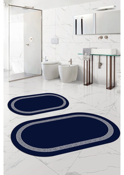 Dijital Yıkanabilir Kaymaz Sade Çerçeveli Oval Banyo Paspası Klozet Takımı, Klozet-56-Lacivert, fırsatları