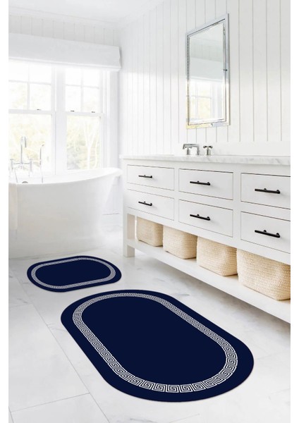 Dijital Yıkanabilir Kaymaz Sade Çerçeveli Oval Banyo Paspası Klozet Takımı, Klozet-56-Lacivert, indirimleri