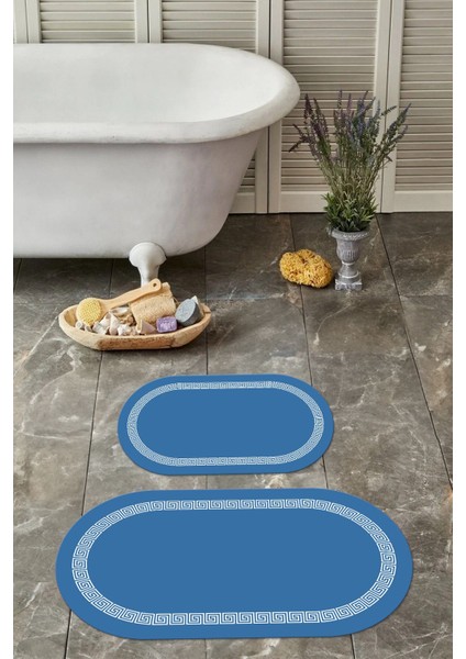 Dijital Yıkanabilir Kaymaz Sade Çerçeveli Oval Banyo Paspası Klozet Takımı, Klozet-56-Mavi,