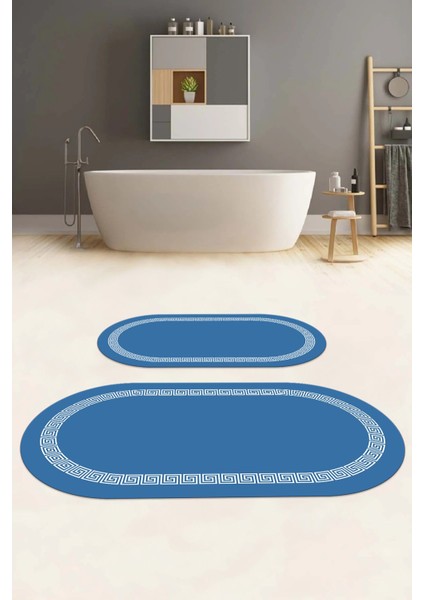 Dijital Yıkanabilir Kaymaz Sade Çerçeveli Oval Banyo Paspası Klozet Takımı, Klozet-56-Mavi, fiyatları