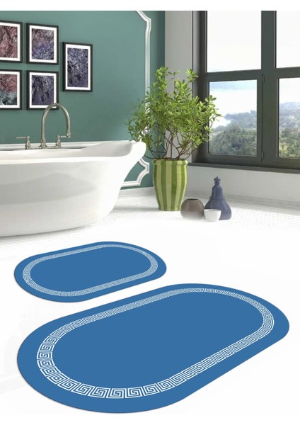 Dijital Yıkanabilir Kaymaz Sade Çerçeveli Oval Banyo Paspası Klozet Takımı, Klozet-56-Mavi, modelleri