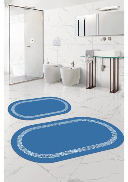 Dijital Yıkanabilir Kaymaz Sade Çerçeveli Oval Banyo Paspası Klozet Takımı, Klozet-56-Mavi, fırsatları