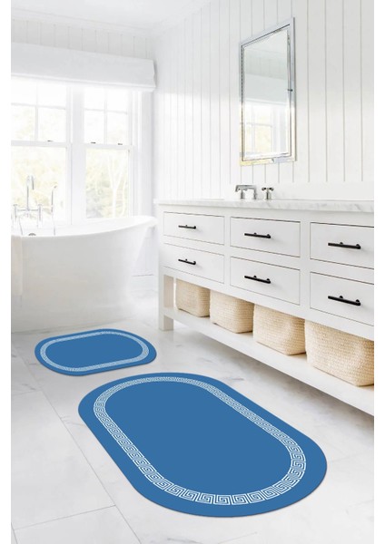 Dijital Yıkanabilir Kaymaz Sade Çerçeveli Oval Banyo Paspası Klozet Takımı, Klozet-56-Mavi, indirimleri